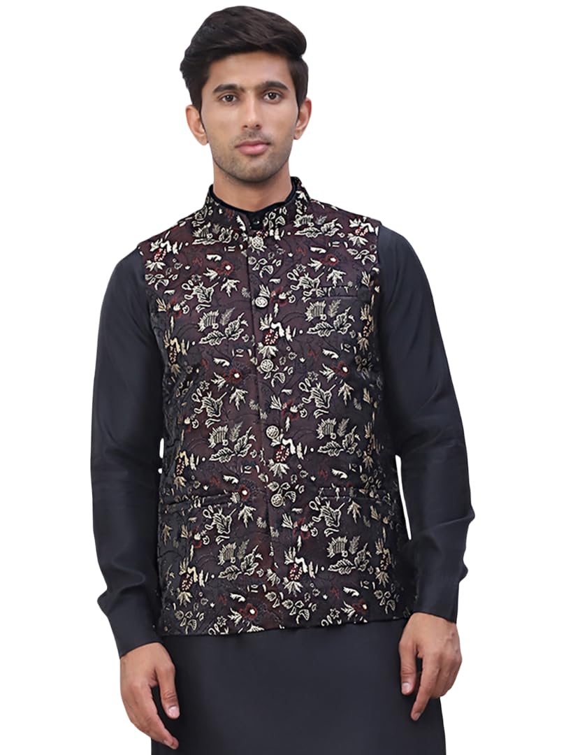 Embossed Silk Blend Nehru Jacket-image-41