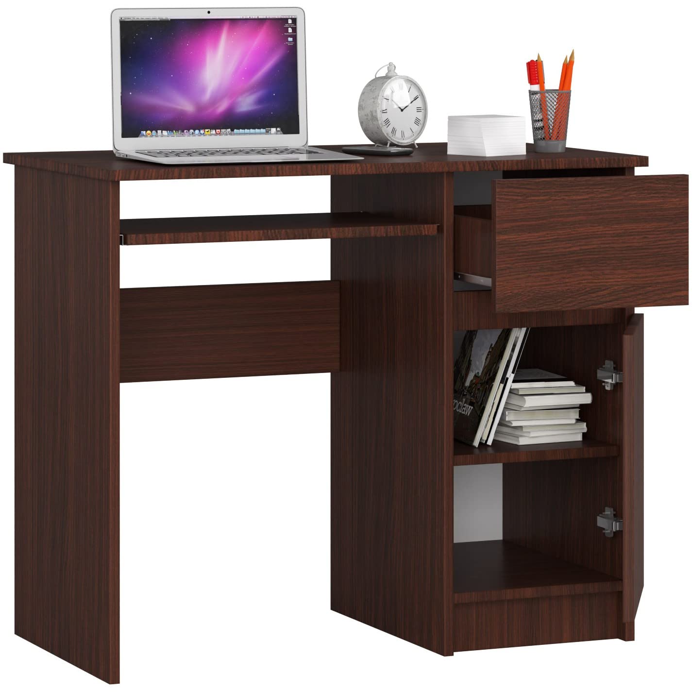 AKORD | Escritorio con Estante para Teclado | Escritorio de Oficina | Cajón y Contenedor en el Lado Derecho | para Computadora PC Portátil | 90x77x50 cm | 30 kg Wengé