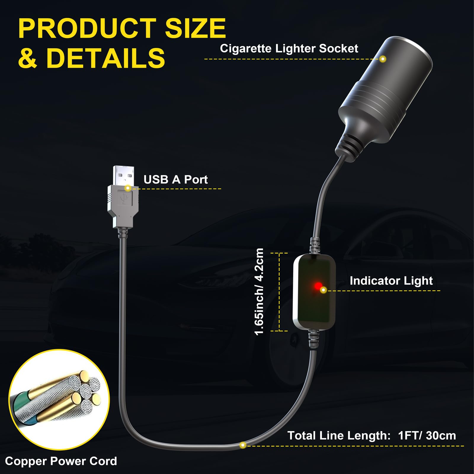 Moqidong USB to 12V Adapter, 2-Pack QC3.0 USB to 12V Cigarette Lighter Adapter Quick Charger USB A Male to 12V Cigarette Lighter Socket Female Cable for Dashcam GPS Power Bank Led Light Strips