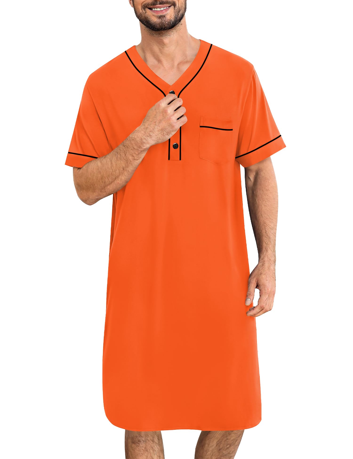 SWOMOG Mens Nightgown Short Sleeve Lounge, Sleep Henley Shirt Pajama Big &amp; Tall Nightshirt Comfy Nightwear XXX-Large Orange