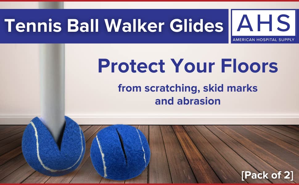 Image of AHS American Hospital Supply Tennis Balls for Walker Legs | Tennis Balls for Walkers for Seniors Complete Support & Surface Protection | Pair of 2 Precut (Blue)