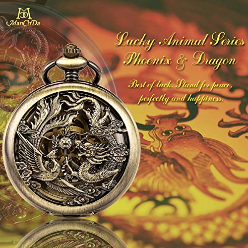 Image of ManChDa Antique Mechanical Pocket Watches for Men Lucky Dragon Phoenix Pocket Watch with Chain Skeleton Dial Roman Numerals Gifts for Fathers Day