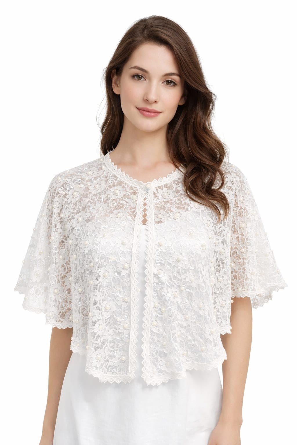 Women White Lace Poncho with Pearl Work | Front Open Net Cape | Party & Shrug-image-44