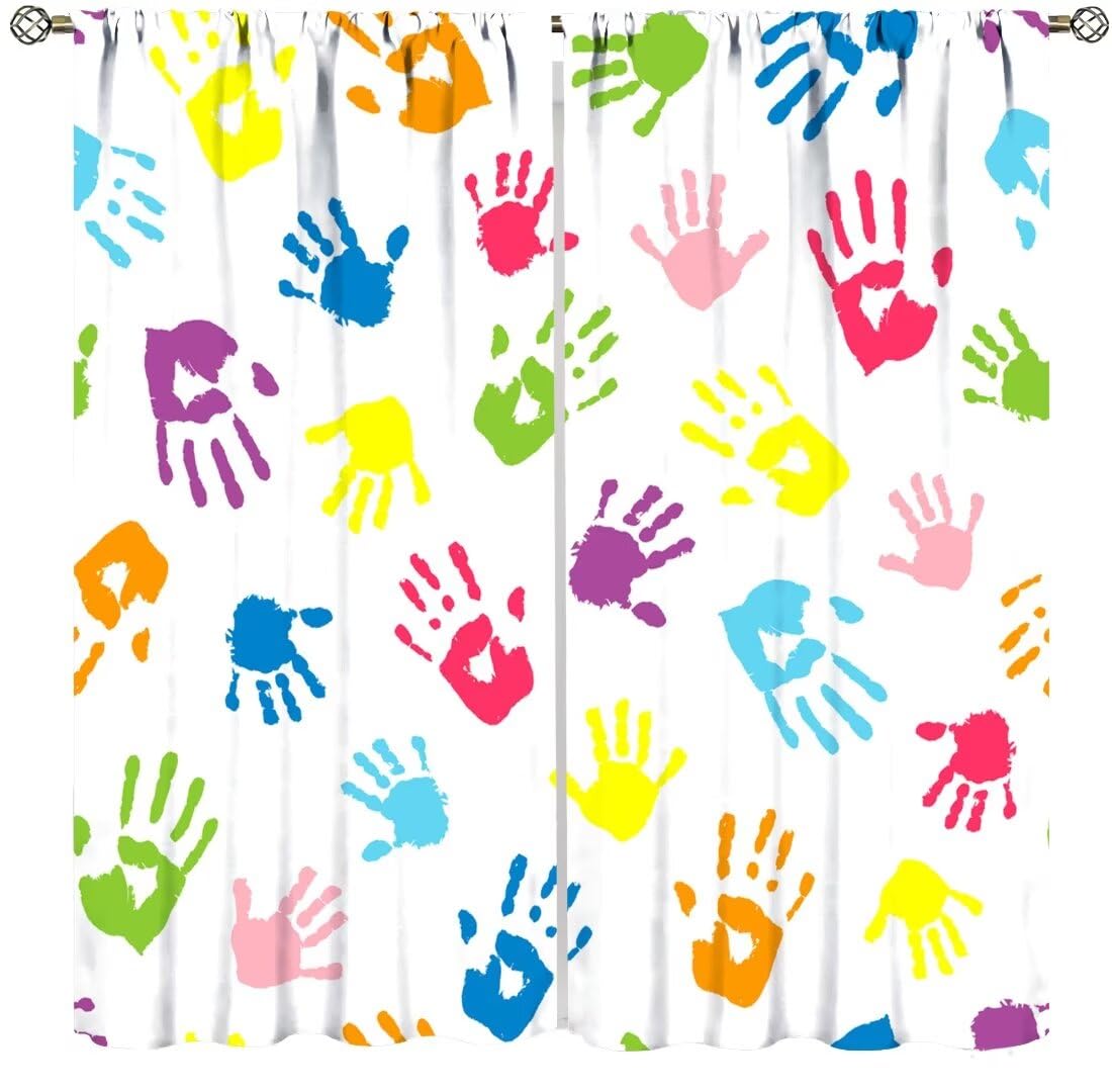 Kids Boys Girls Curtains,Color Handprints Print Pattern Window Treatments for Nursery Baby Bedroom Playroom Living Room Children's Day Window Drapes 2 Panels Sets Total Size 42
