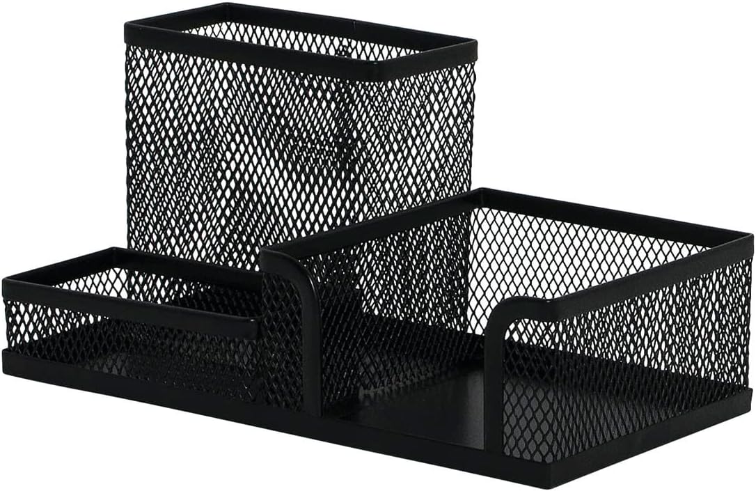 Q-Connect KF16572 Desk Organiser/Black/Desk Organiser/Mesh Metal Office Organiser Desk Organizer/with Rubber Feet/20.5 x 10.3 x 9.8 cm