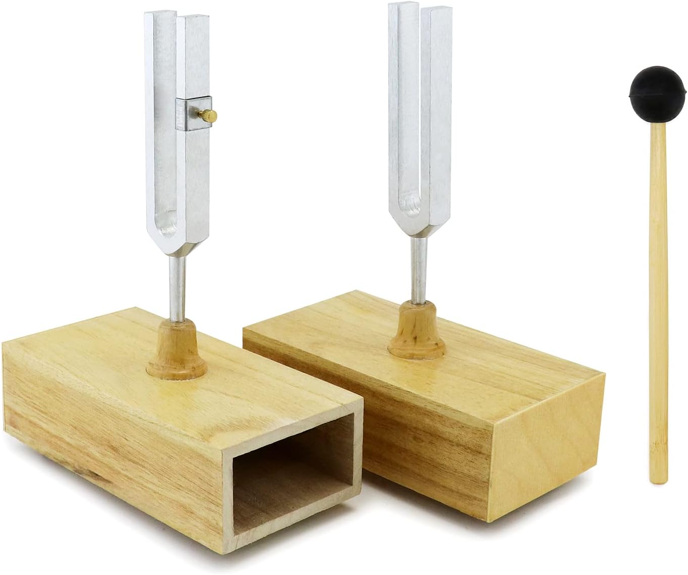 QWORK Tuning Fork 440HZ, 2 Pcs Singing Tone Tuning Set, Steel Tuning Forks with Wood Resonator Box for Various Experiments