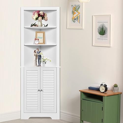 Miniatura 5 de Tangkula Armario de almacenamiento de esquina para baño, gabinete de colección alto independiente con 3 estantes abiertos, organizador de