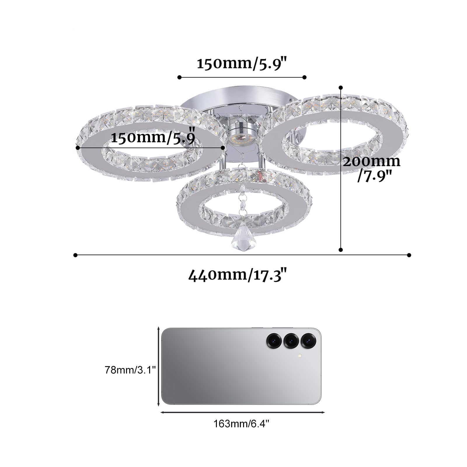 Lámpara de techo colgante de cristal LED de 13 x 3.5 pulgadas,3 anillos, lámpara de araña de cristal, montaje empotrado, accesorio de iluminación para dormitorio pasatiempo sala de estar