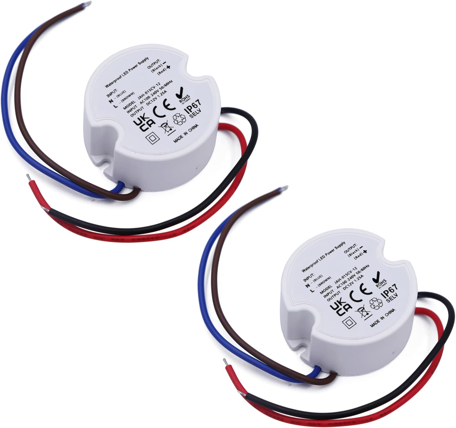 Noobibaba IP67 12V LED Driver Transformer, 12V LED Transformers, 15W 1.25A Used for Under Cabinet Light, LED Strips, 2-Count