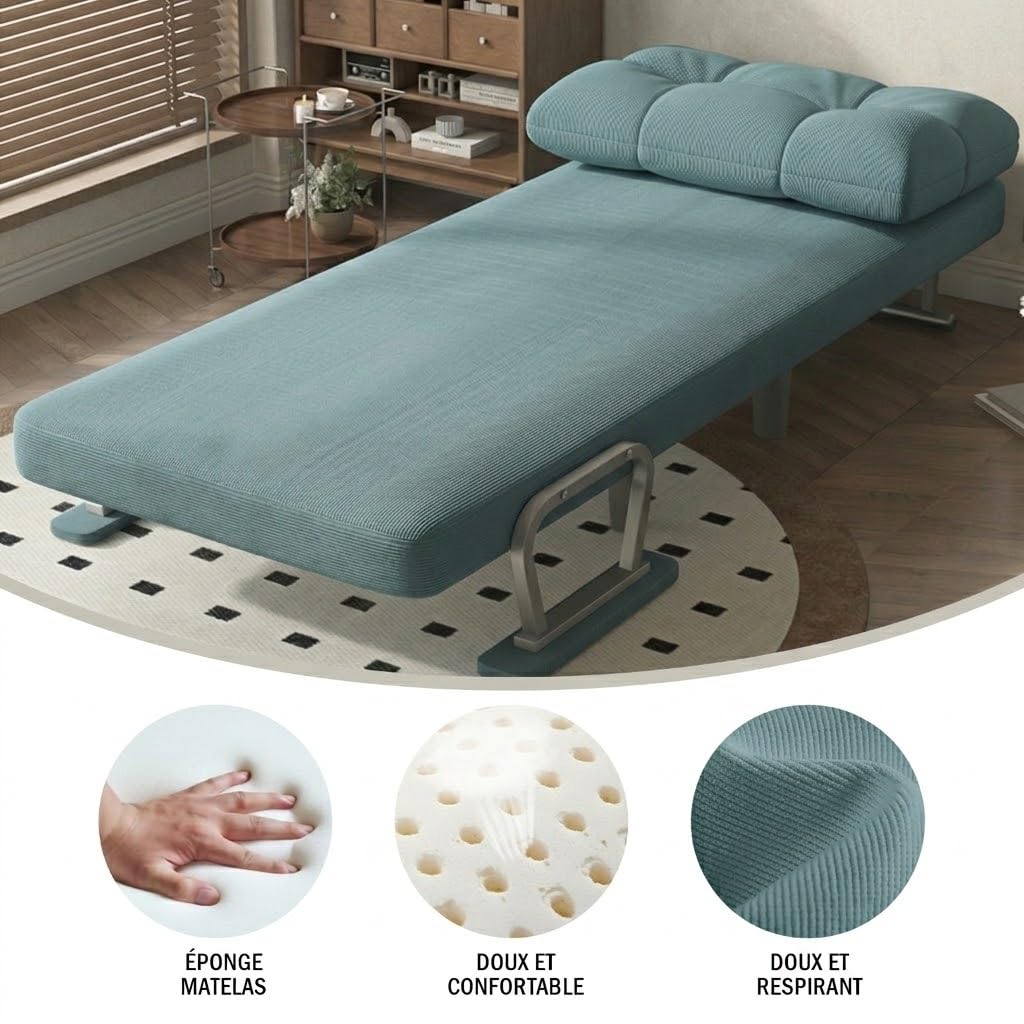 Fabulcozy Fauteuil Convertible 1 Place - Canapé Chauffeuse Lit 4 en 1, Canapé-lit Convertible Dossier Réglable 5 Positions avec Coussin 60x58x77cm