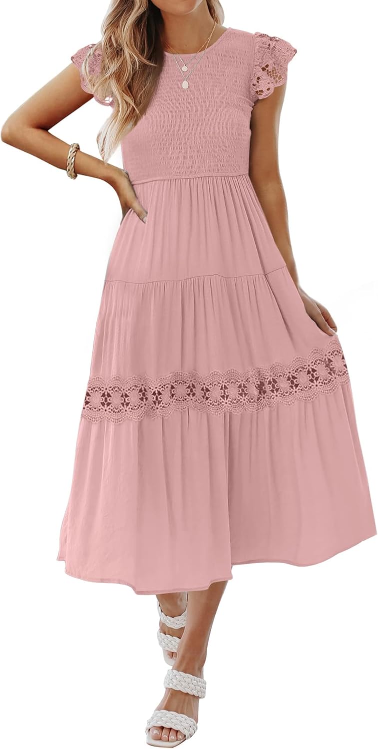 ZESICA Women's Casual Crew Neck Flutter Sleeve Smocked High Waist Hollow Out Lace Trim Tiered A Line Midi Dress