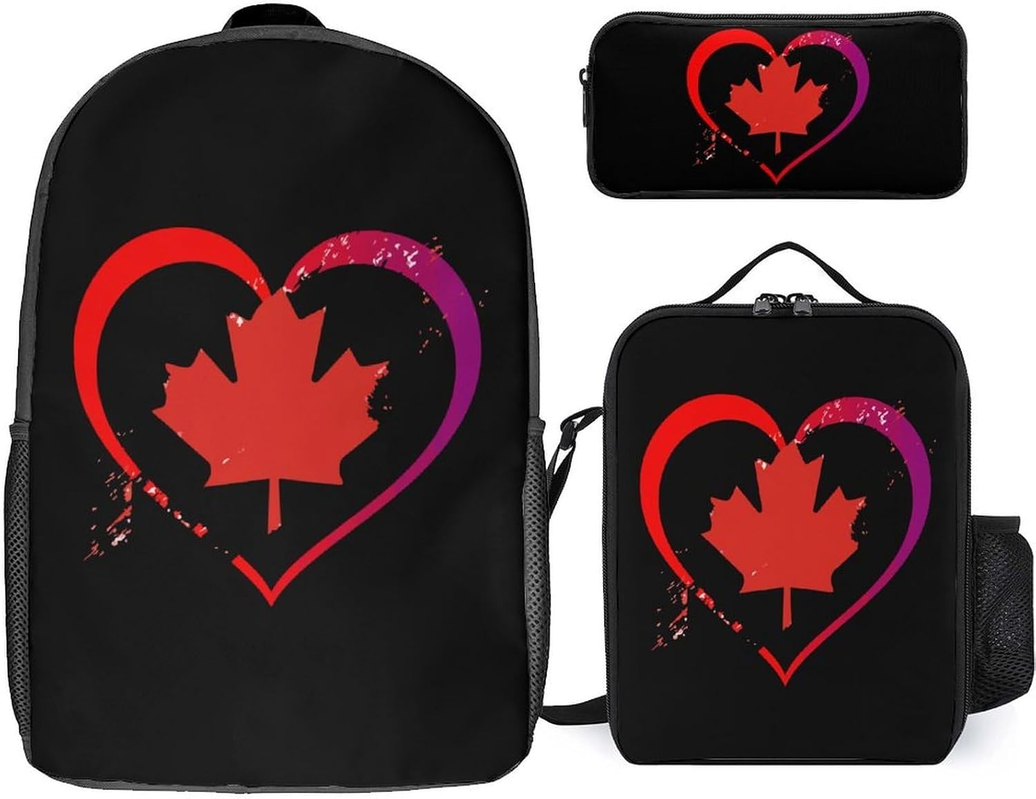 Flag Heart Love Canada Cute Backpack Set with Lunch Bag Pencil Cases