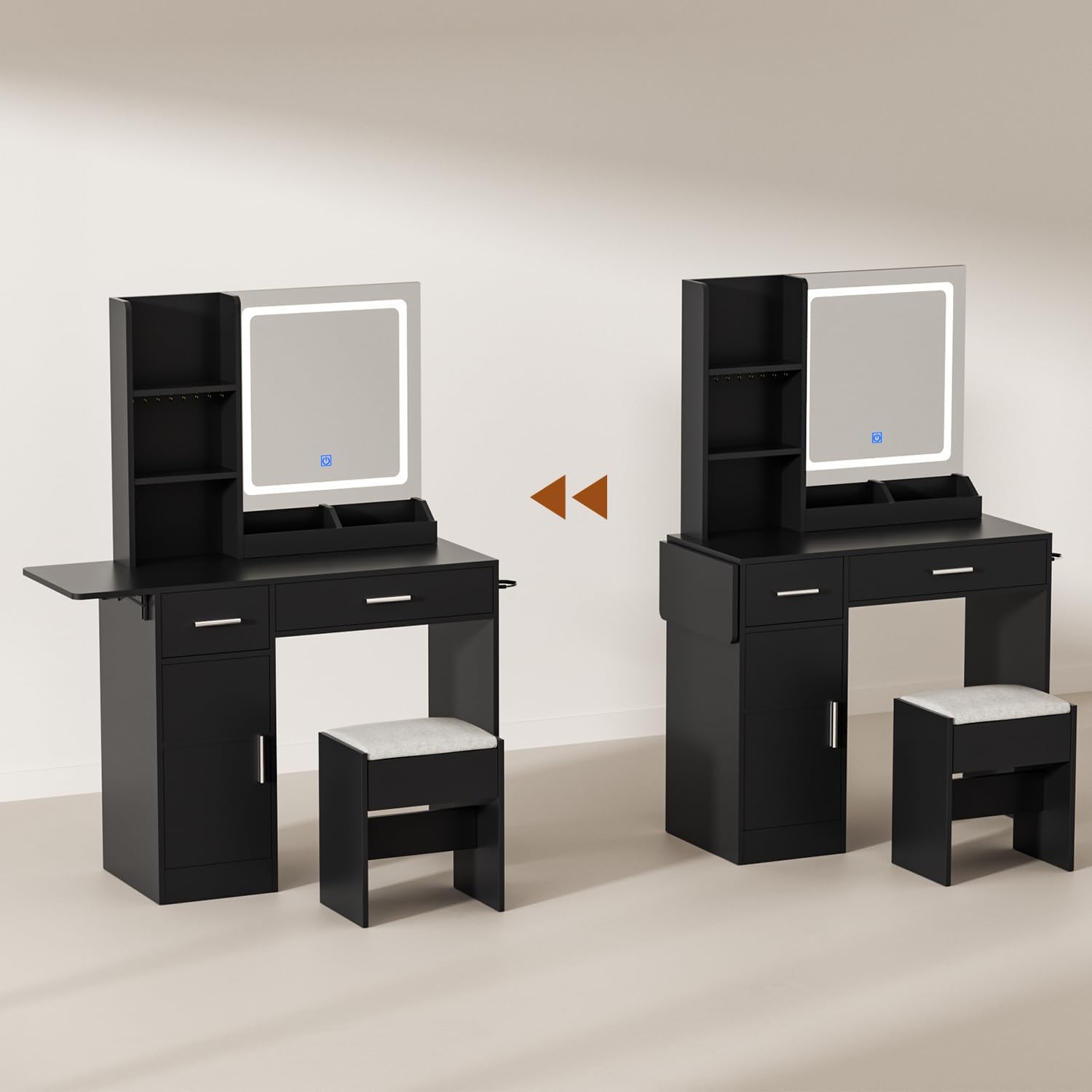 Vanity Desk with Mirror and Lights, 43.3" Makeup Desk with Stool and Plug Outlet, 5 Drawers and Open Shelves Make Up Table with Extral Foldable Desk for Bedroom, Black