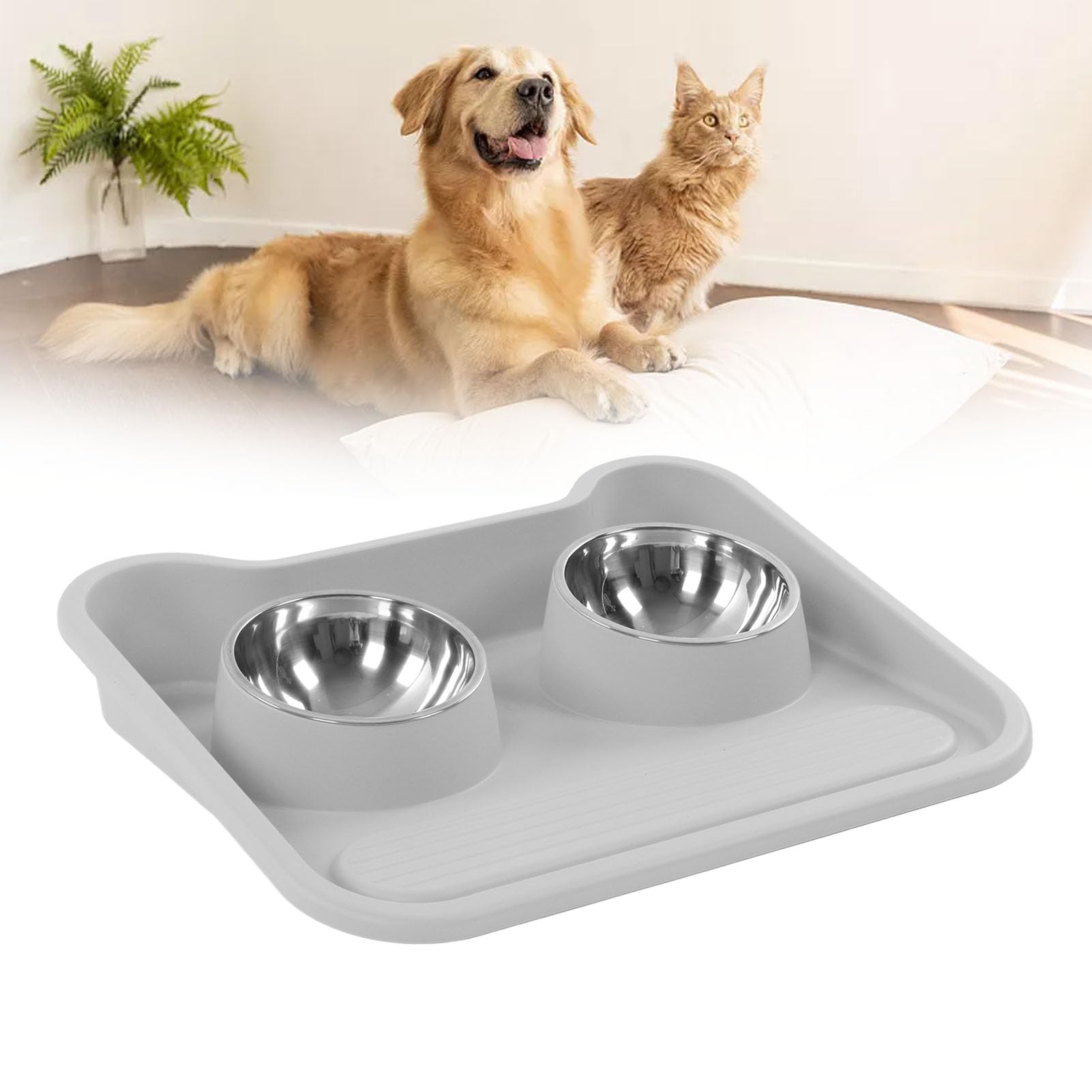Ciotola per Cibo per Acqua per Gatti con Inclinazione di 15°, Doppia Ciotola per Animali Domestici in Acciaio Inossidabile con Bordo Rialzato Facile Pulizia (Grigio)
