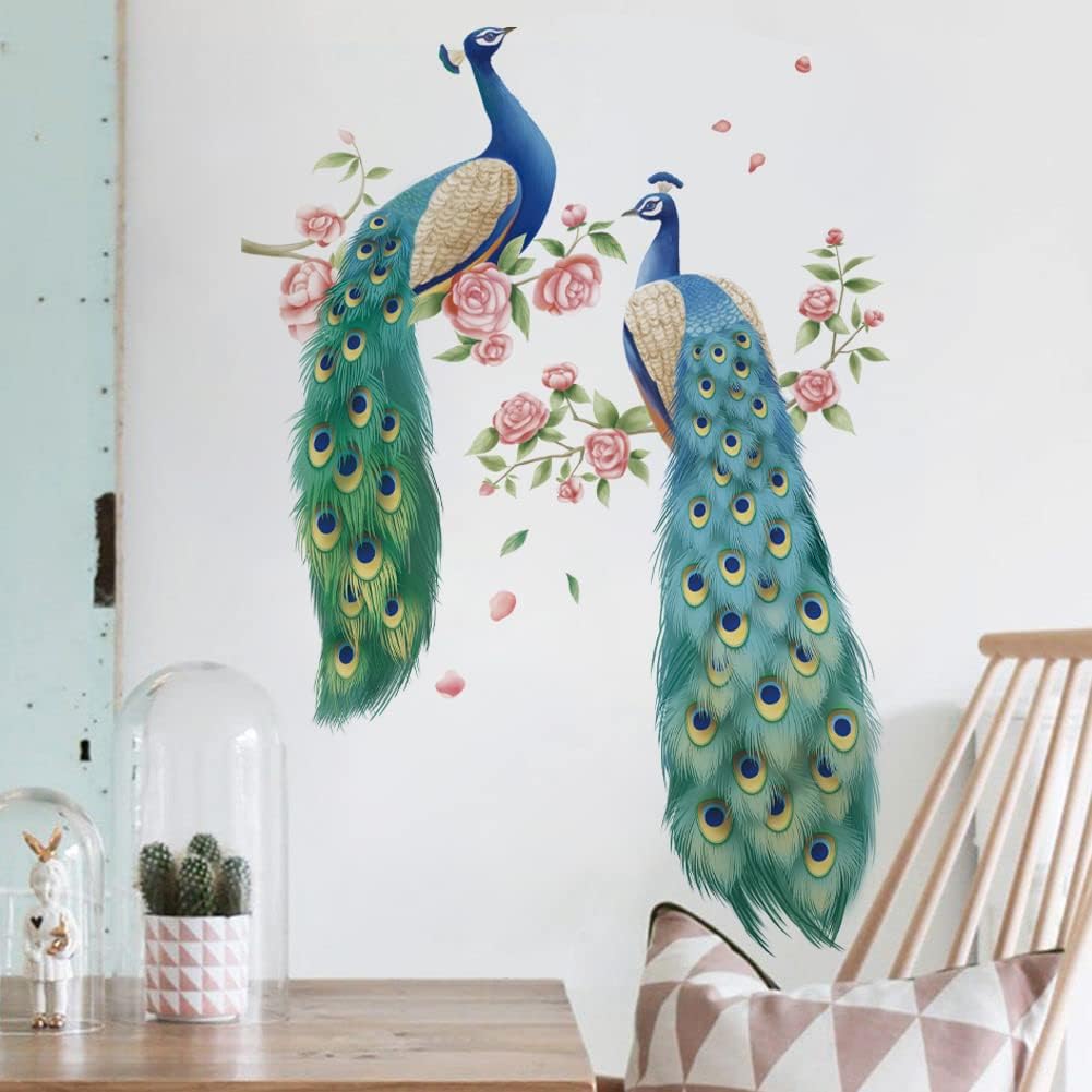 Runtoo Peacock Wall Decal Flowers Tree Branch Bird Wall Stickers Bedroom Living Room Office Home Decor
