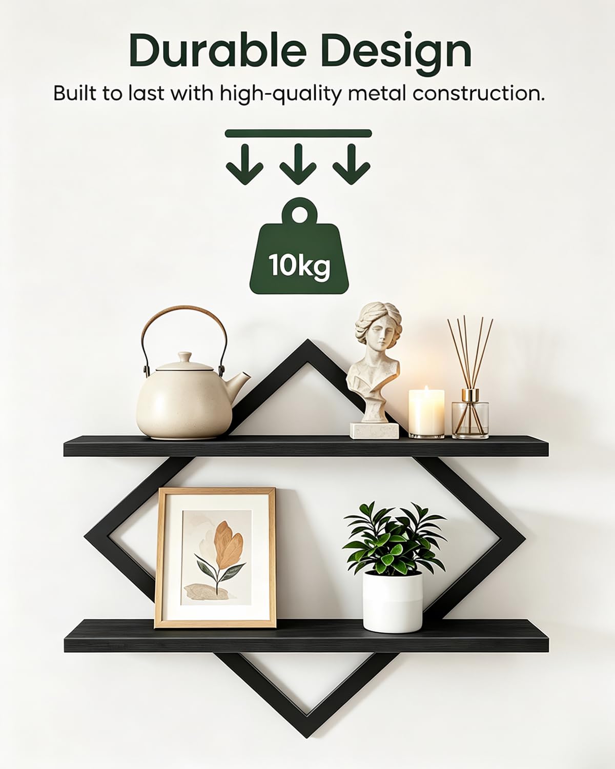 Wandregal 2er Set, Schweberegal mit Metallrahmen 38 cm, 2-stöckiges Hängeregal für Badezimmer, Wohnzimmer, Küche, Home Office (Schwarz)