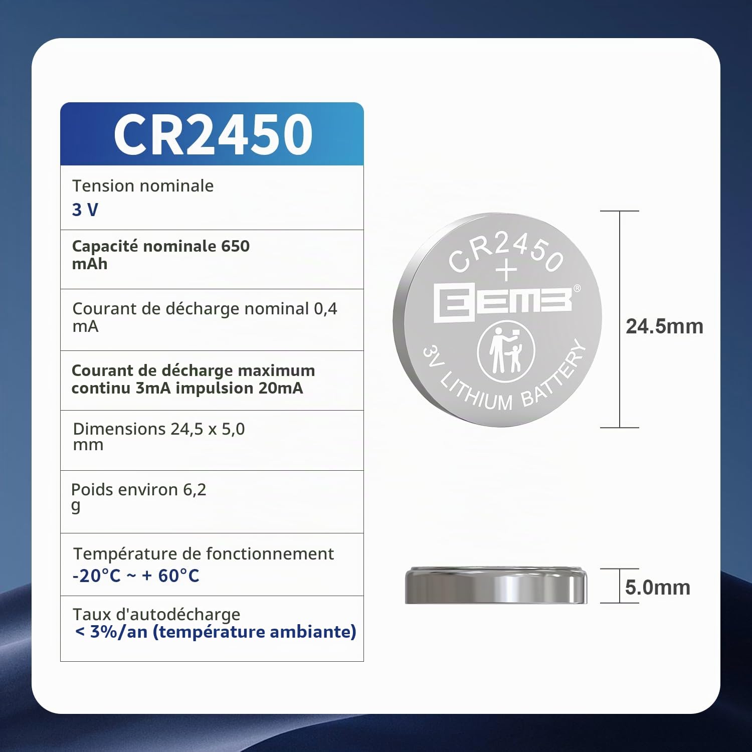 EEMB CR2450 Pile Bouton au Lithium 3V CR 2450, Lot de 100