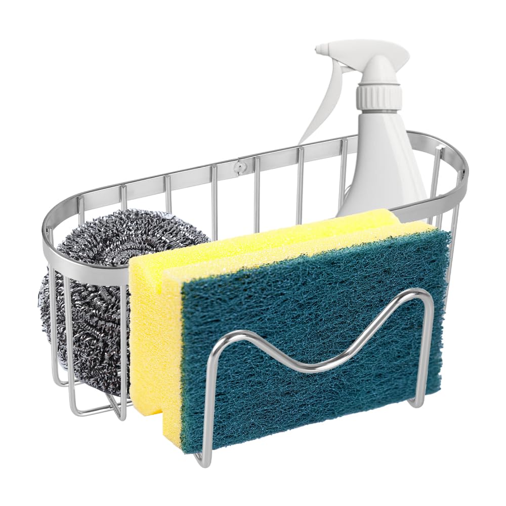 DONGKER Kitchen Sink Sponge Holder,Stainless Steel Dish Sponge Hanging Caddy with Adhesive Hook & Suction Cups for Dish Basket Brush Kitchen