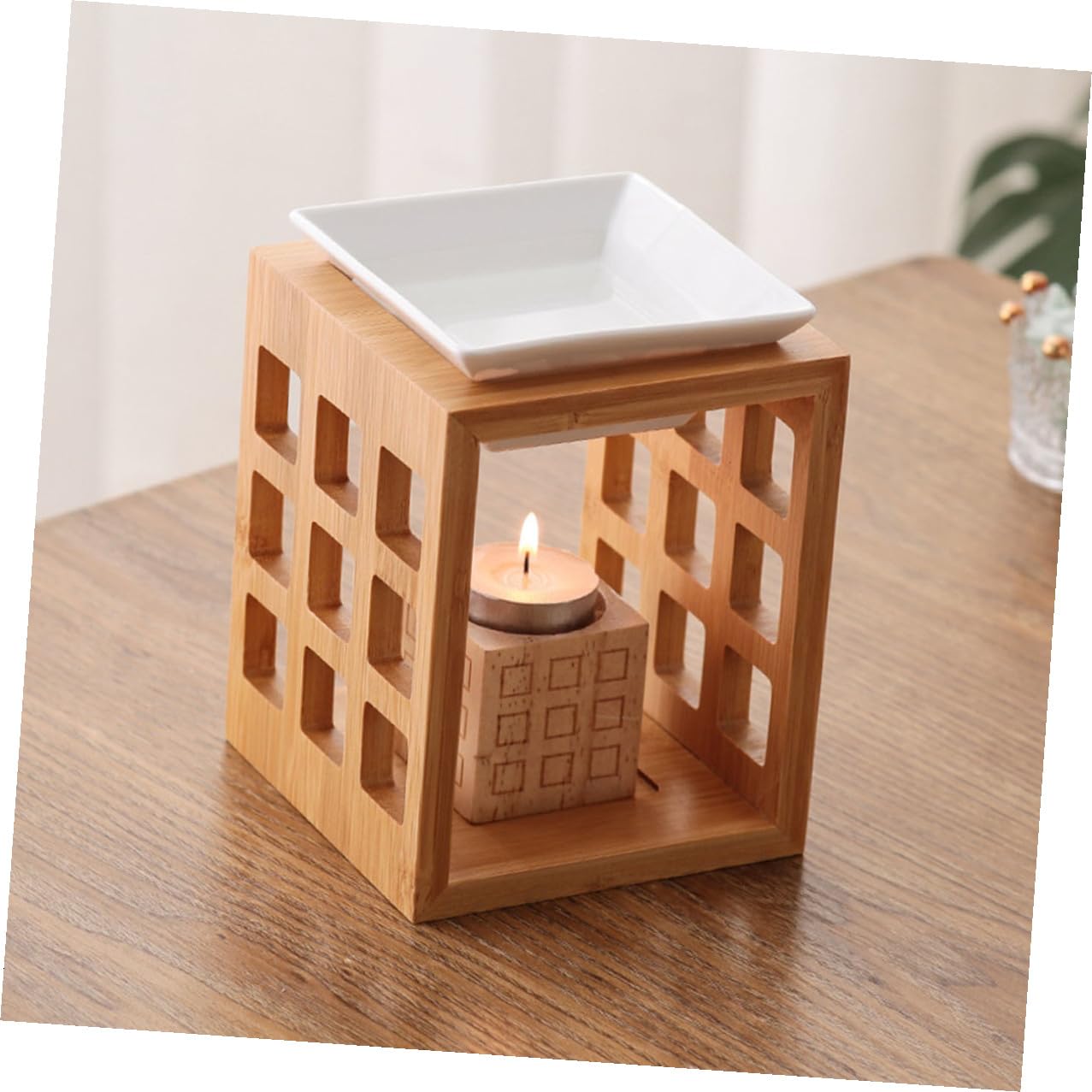 Quemador de Cera de Aromaterapia de Cerámica y Madera 150ml para Derretir Aceites Esenciales en Sala o Dormitorio Diseño Elegante y Funcional