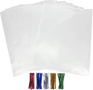 50Pcs Cellophane Bags, Cello Cellophane Treat Bags 11x14 Plastic Gift Bags for Packaging Cookies, Pretzel Rod, Sandwich, Candy, Chocolate, Clear Party Favor Bags with Ties