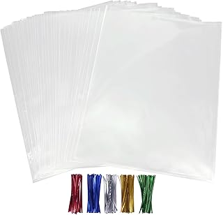 50Pcs Cellophane Bags, Cello Cellophane Treat Bags 11x14 Plastic Gift Bags for Packaging Cookies, Pretzel Rod, Sandwich, Candy, Chocolate, Clear Party Favor Bags with Ties