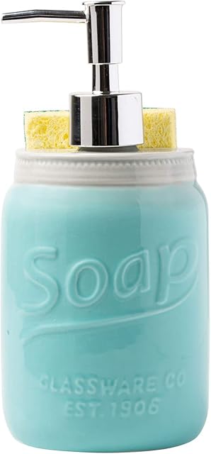 Kitchen Soap Dispenser & Sponge Holder - Decorative Sink Organizer - Kitchen Counter Liquid Soap Dispenser with Stainless Steel Pump, Blue Ceramic Soap Holder w/Free Sponge