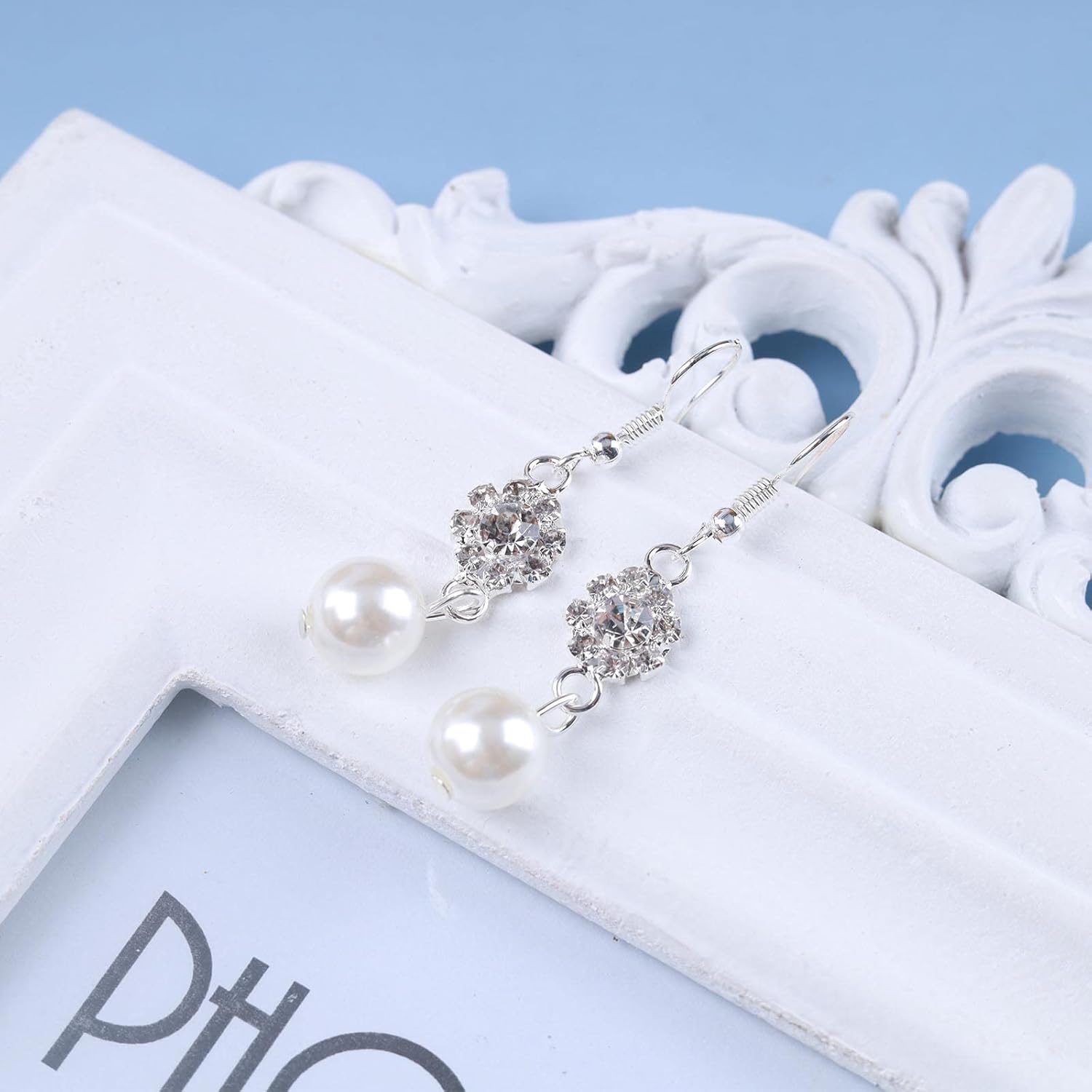 Andelaisi Boho Crystal Pearl Dangle Earrings Silver Rhinestone Pearl Drop Earrings Vintage Crystal Hook Earrings Sparkly Cz Pearl Earrings Jewelry for Women - Image 6