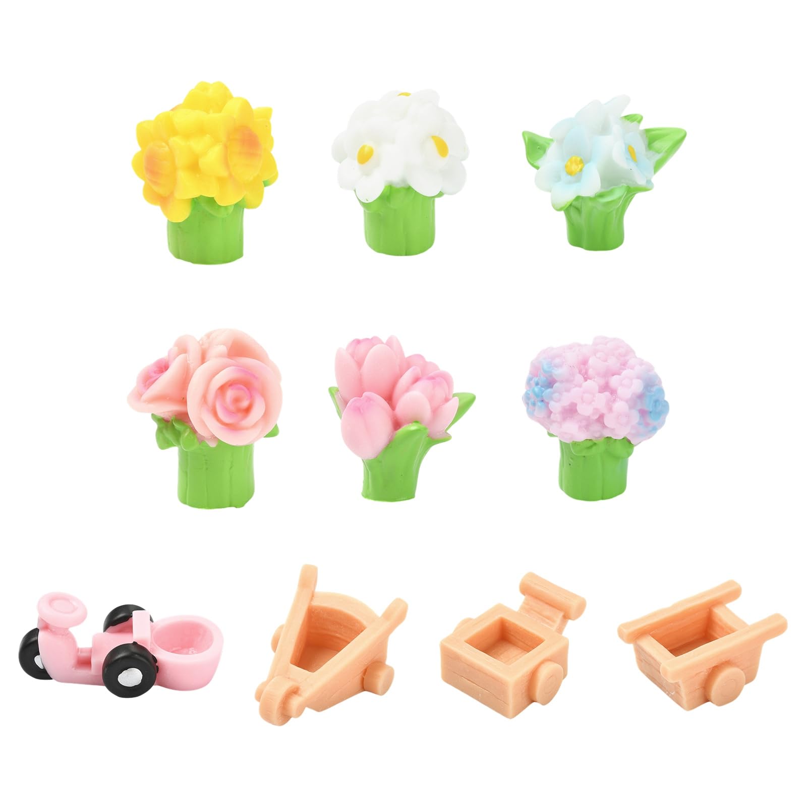 Stiesy 40 Pcs Resin Flower Cart Sets Miniature Floral Figurines Garden Decor for Fairy Garden Terrarium Landscape Dollhouse Display Accessories