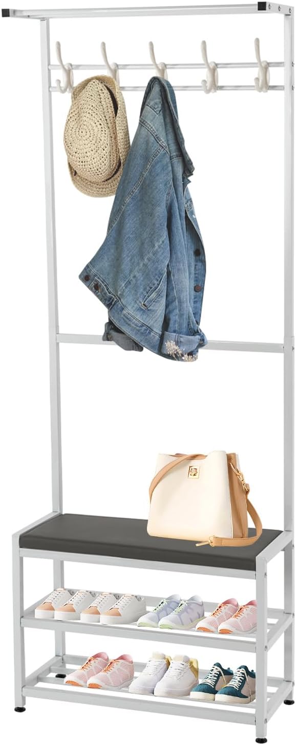 Coat Rack Shoe Bench, 23.62"x62.99" Entryway Stool with Coat Rack, Coat Rack Shoe Stool 3-in-1 with Stool and Shoe Storage, 5 Flexible Hooks, PU Cushion (White)