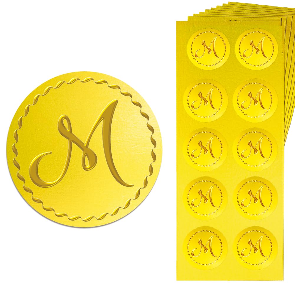 Peacoblue Gold Embossed Sticker Seal 1.4 Inch 150Pcs Letter M, Self Adhesive Golden Around Embossing Decals for Party Favors Invitation Envelope Seal