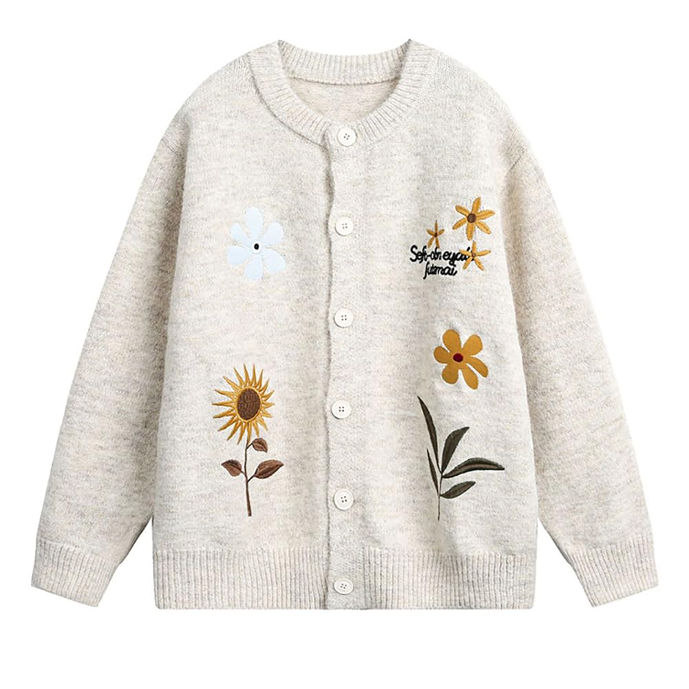 Womens Button Up Cute Knitted Cardigan Embroideried Flower Fall Cardigan Sweaters