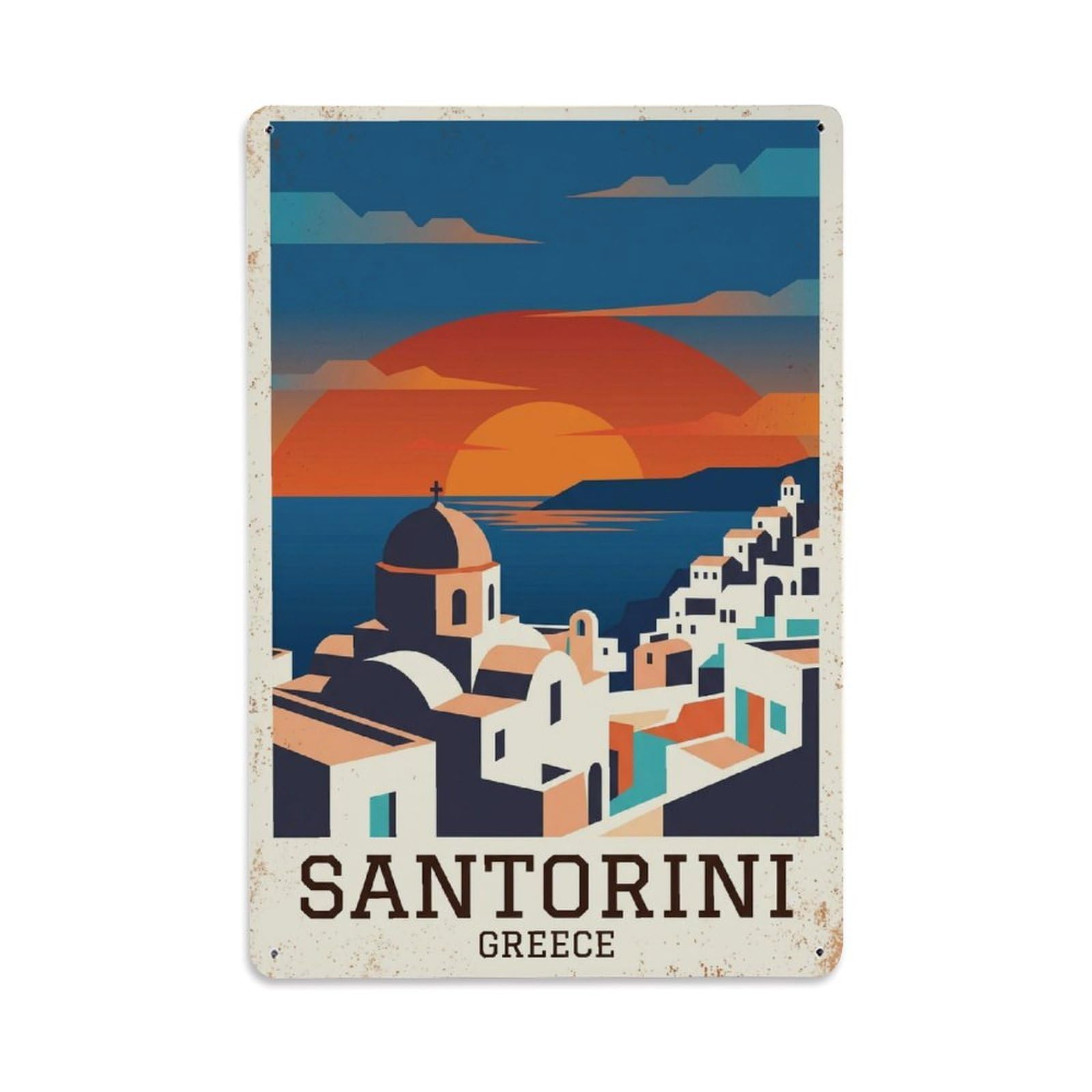 Fyrn Style Metal Tin Sign Vintage Travel Santorini Greece Sunset