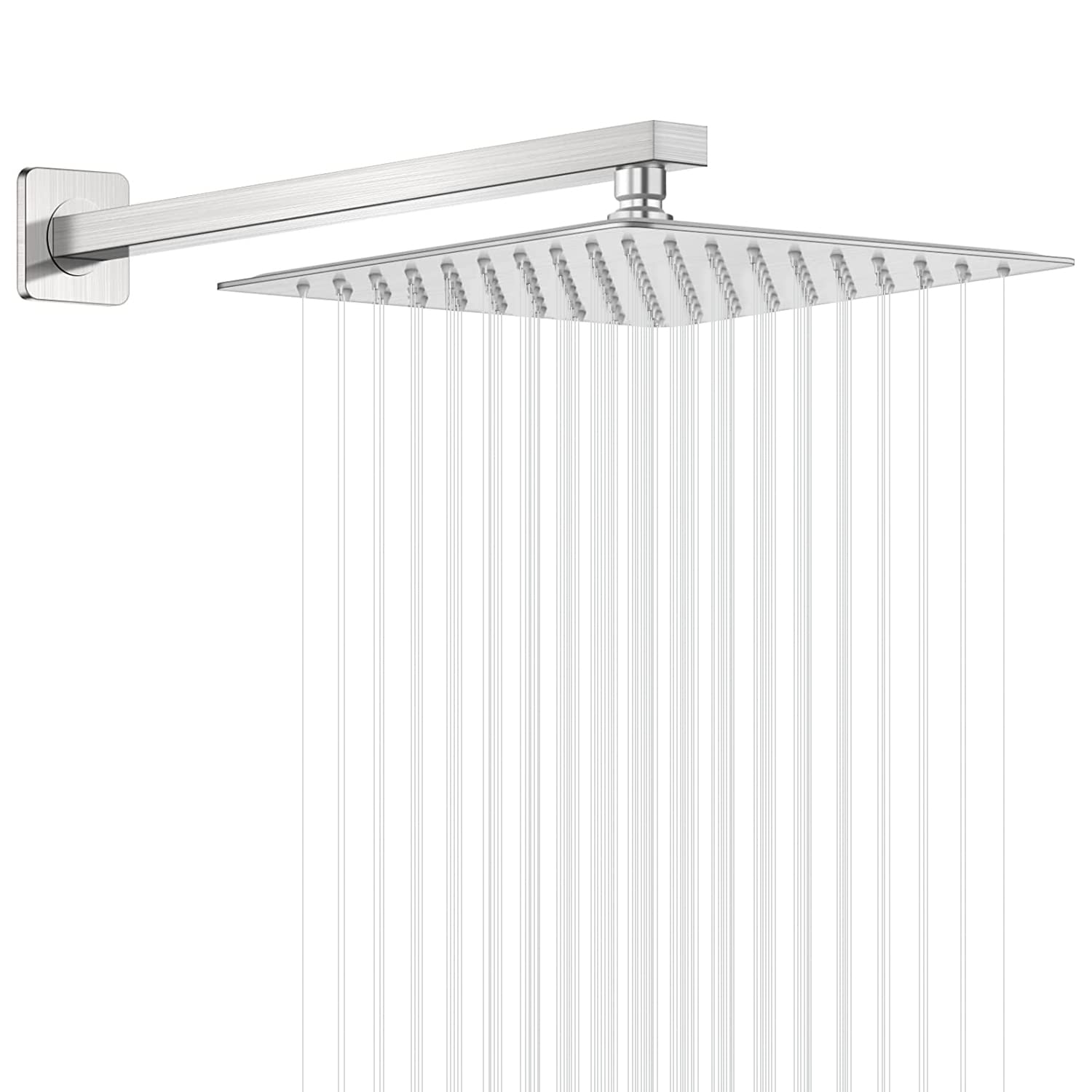 GGStudy Rain Shower Head Brushed Nickel with Extension Arm 10 Inch Square Shower Head with 16 Inch Shower Arm Large Stainless Steel Rainfall Showerhead Waterfall Full Body Coverage