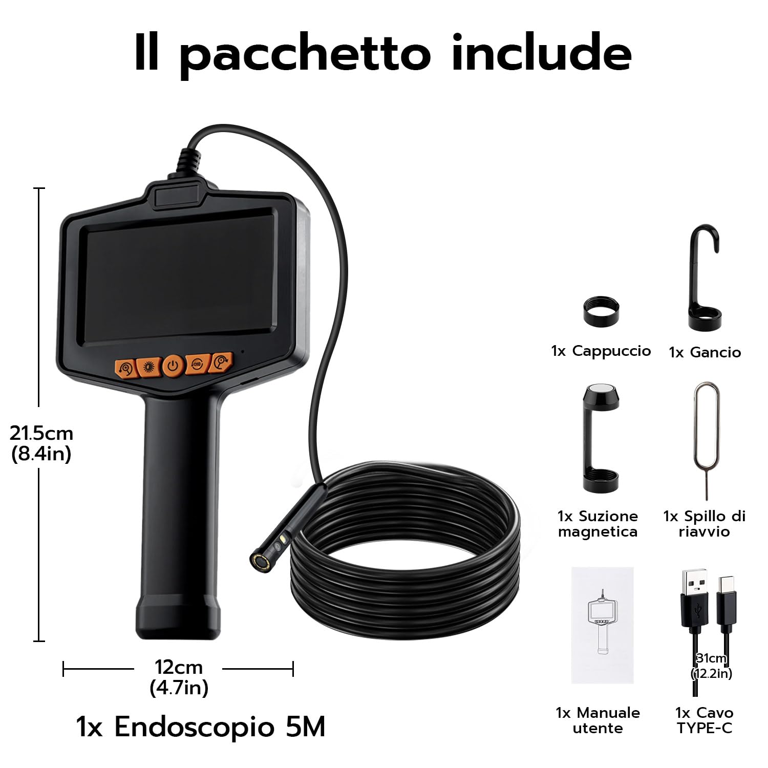 Mcbazel Endoscopio con Luce, 8mm Dual Lens Telecamera Ispezione con Schermo IPS da 4,3 Pollici 1080P HD, Telecamera Endoscopica IP67 Impermeabile con Zoom 3x, 8 LED Regolabili, Cavo Semirigido 5M