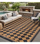 HUGEAR Outdoor Waterproof Rug 6'x9' Plastic Straw Rugs Washable Reversible Floor Mat Brown Plaid ...