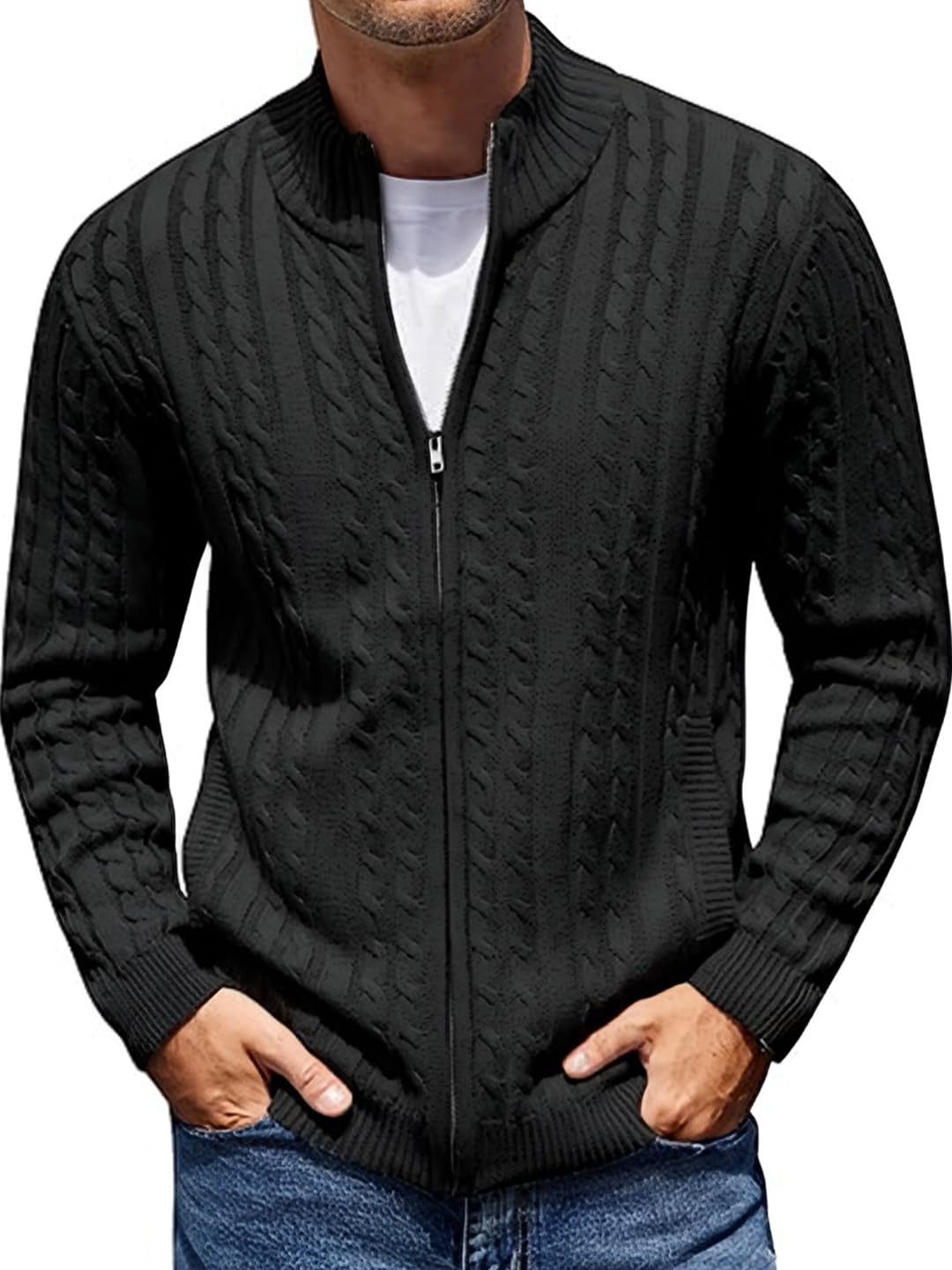 Men's Cotton Full Sleeve High Neck Full Zipper Sweater for Men, Cable Knitted Cardigan for Men