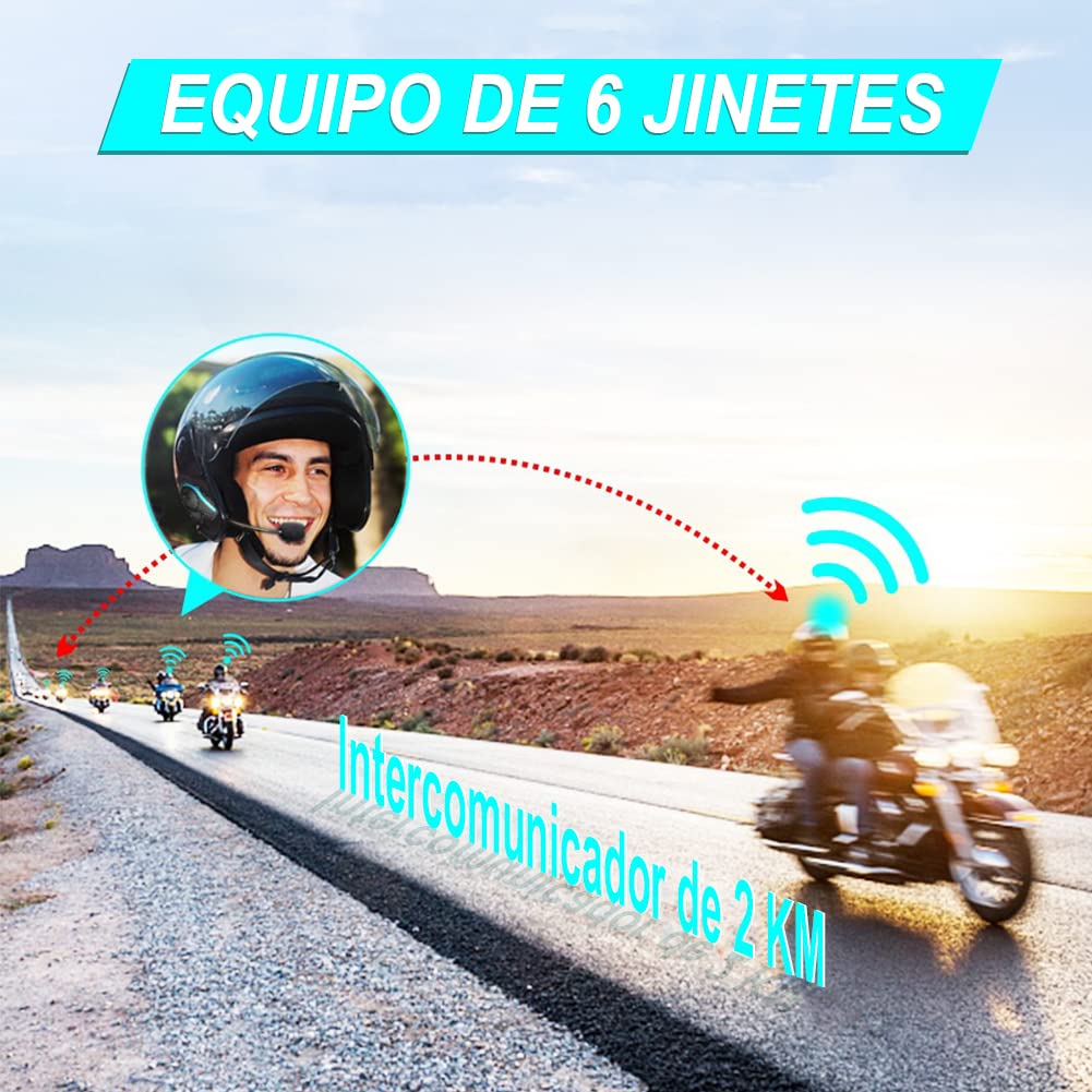 BIGFOX Intercomunicador Casco Moto Bluetooth 5.0,6 Personas 2KM Comunicación Intercom Auriculares,Impermeabilidad Casco Moto Manos Libres para Motocicletas con Control por Voz y Radio FM(Oro)