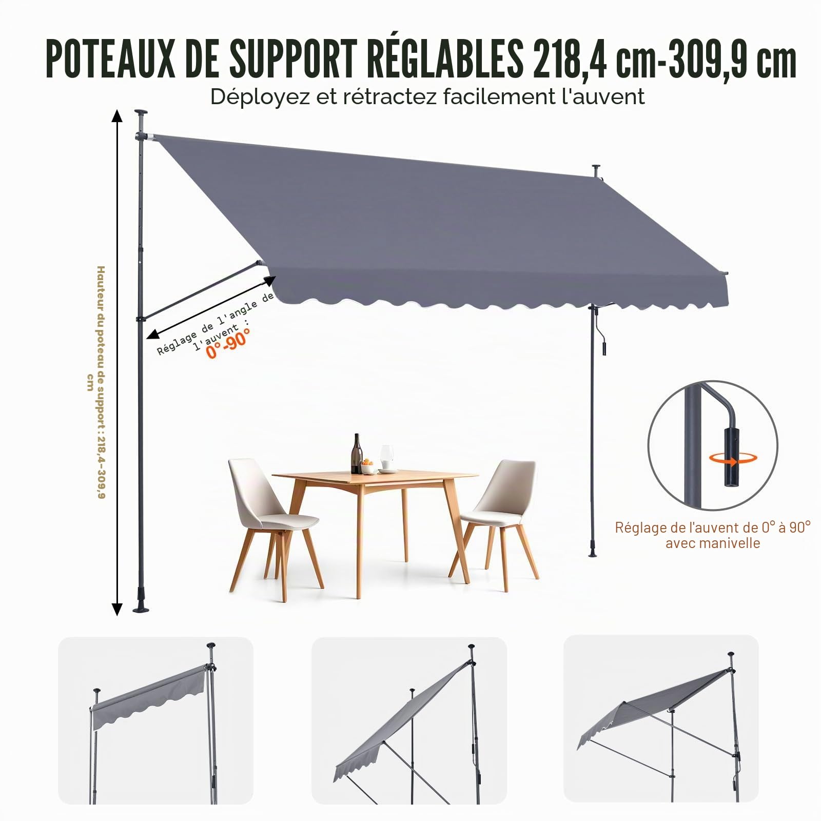 VEVOR Auvent de terrasse rétractable 400 x 120 cm, store banne manuel avec manivelle, hauteur réglable 218-310 cm, abri pare-soleil extérieure de balcon résistant aux UV pour patio, balcon, cour, gris