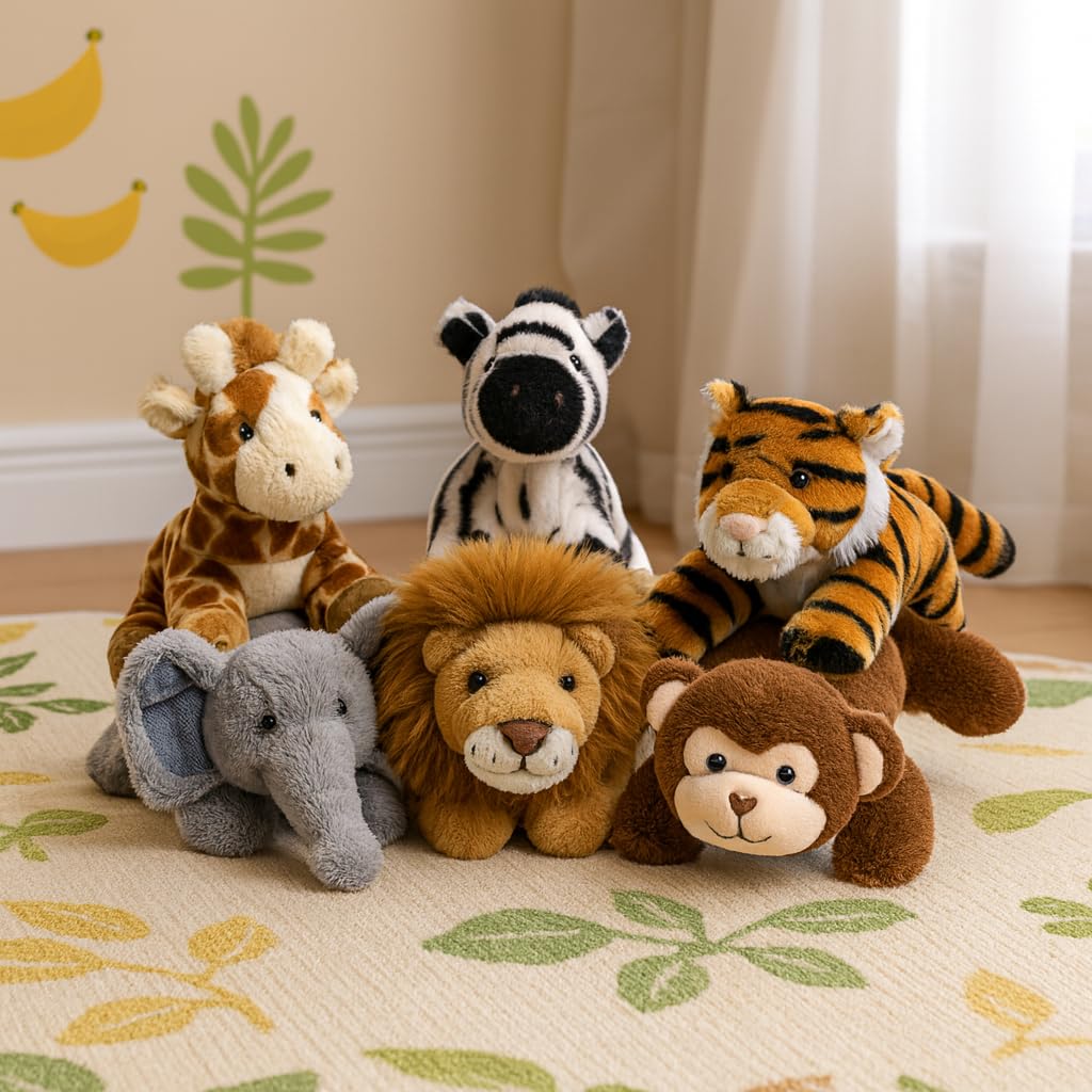 Safari Jungle Animal Plush Toys Set, 6 Pieces, Lion Elephant Zebra Giraffe Tiger Monkey, Party Decorations