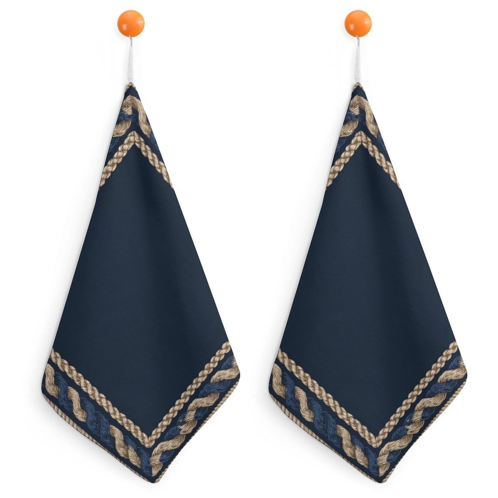 Jubonexis Luxury Navy Blue Beige Twisted Rope Texture Small Hand Towel with Hanging Loop 2 PCS Absorbent Soft Wash Cloth for Kitchen Bathroom
