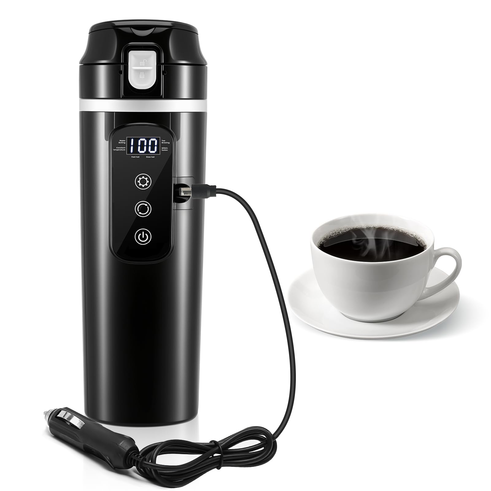 Bollitore elettrico per auto 24V/12V, tazza termica da viaggio da 500ml con display LCD della temperatura – Tazza elettrica per tè/caffè a prova di perdite per auto e camion, riscaldamento rapido fino