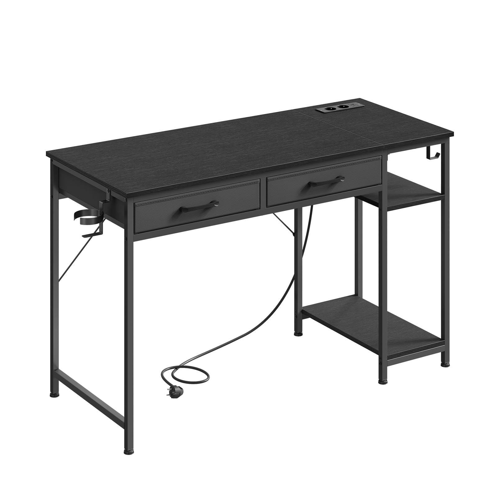 WOLTU Schreibtisch mit 2 Schubladen, Computertisch Schwarz, 120x51x75 cm | 2 Steckdosen, USB- und Typ-C-Anschluss, Kopfhörerhaken & Ablagen, für Homeoffice Schlafzimmer Wohnzimmer