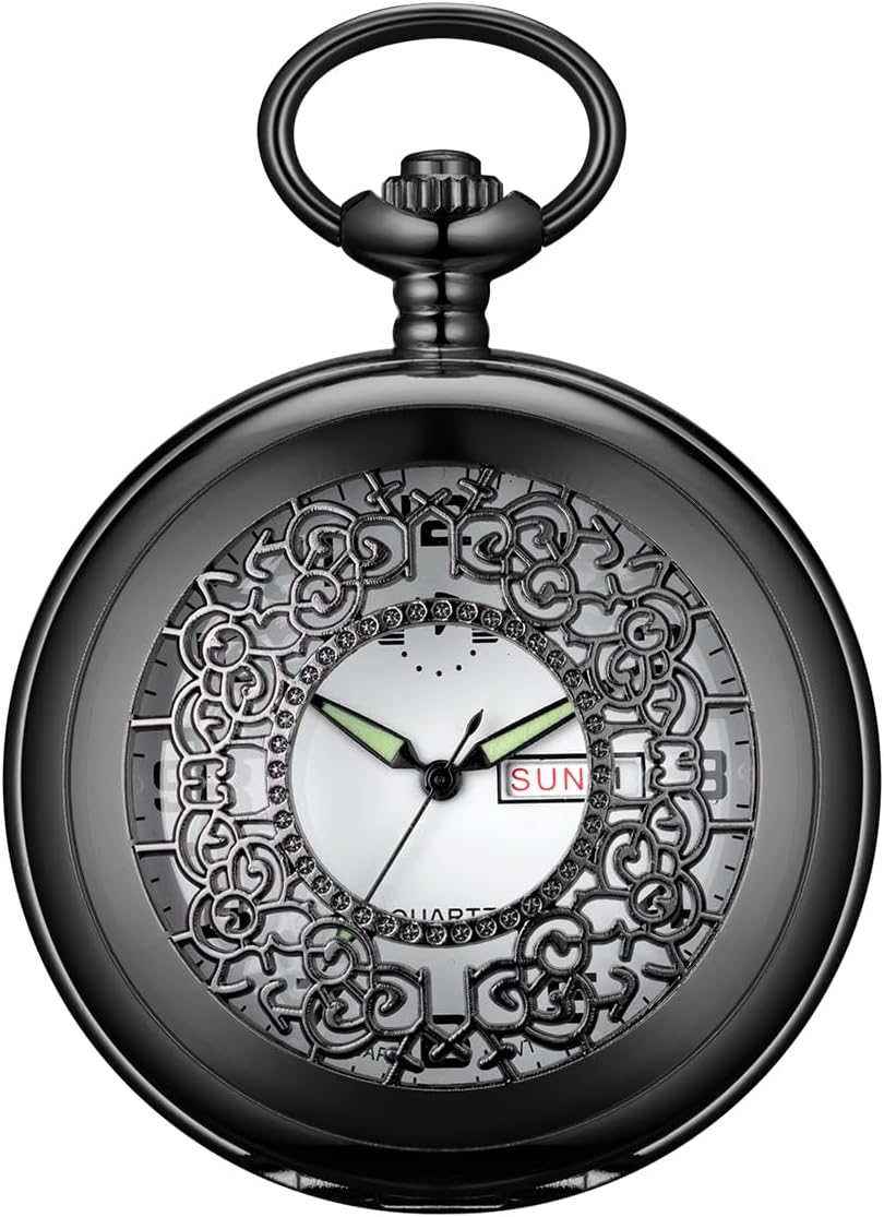 BOSHIYA Smooth Quartz Pocket Watches for Men Classic Arabic Digital Luminous Dial & Day Date Pocket Watch with Chain Christmas Graduation Birthday Gifts