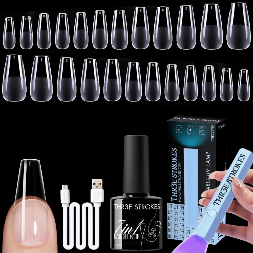 THR3E STROKES Gel Nail Kit Easy Nail Extension Set With 100Pcs Shaped Tips 6 in 1 Nail Glue Base Gel and Innovative Led Lamp Easy Funny Diy Nail Tips Art Decoration at Home Gift for Women (P6 GEL X KIT)-image-19