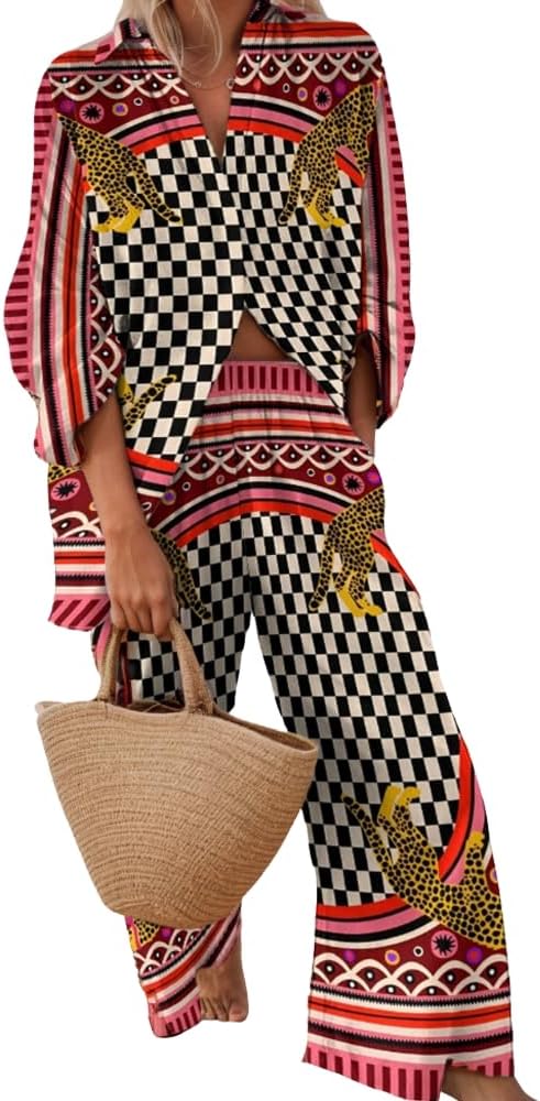 Akivide Womens Beach Vacation 2 Piece Outfits Long Sleeve Button Down Shirts and Matching Drawstring Waist Pants Summer Sets