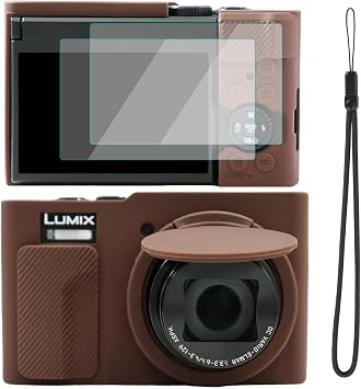 VOVMOEYA Panasonic Lumix TZ / ZS99 Camera Case with 2 Screen Protector and Hand Strap, DC-TZ99 Silicone Case, Soft Protective Light Weight, Brown