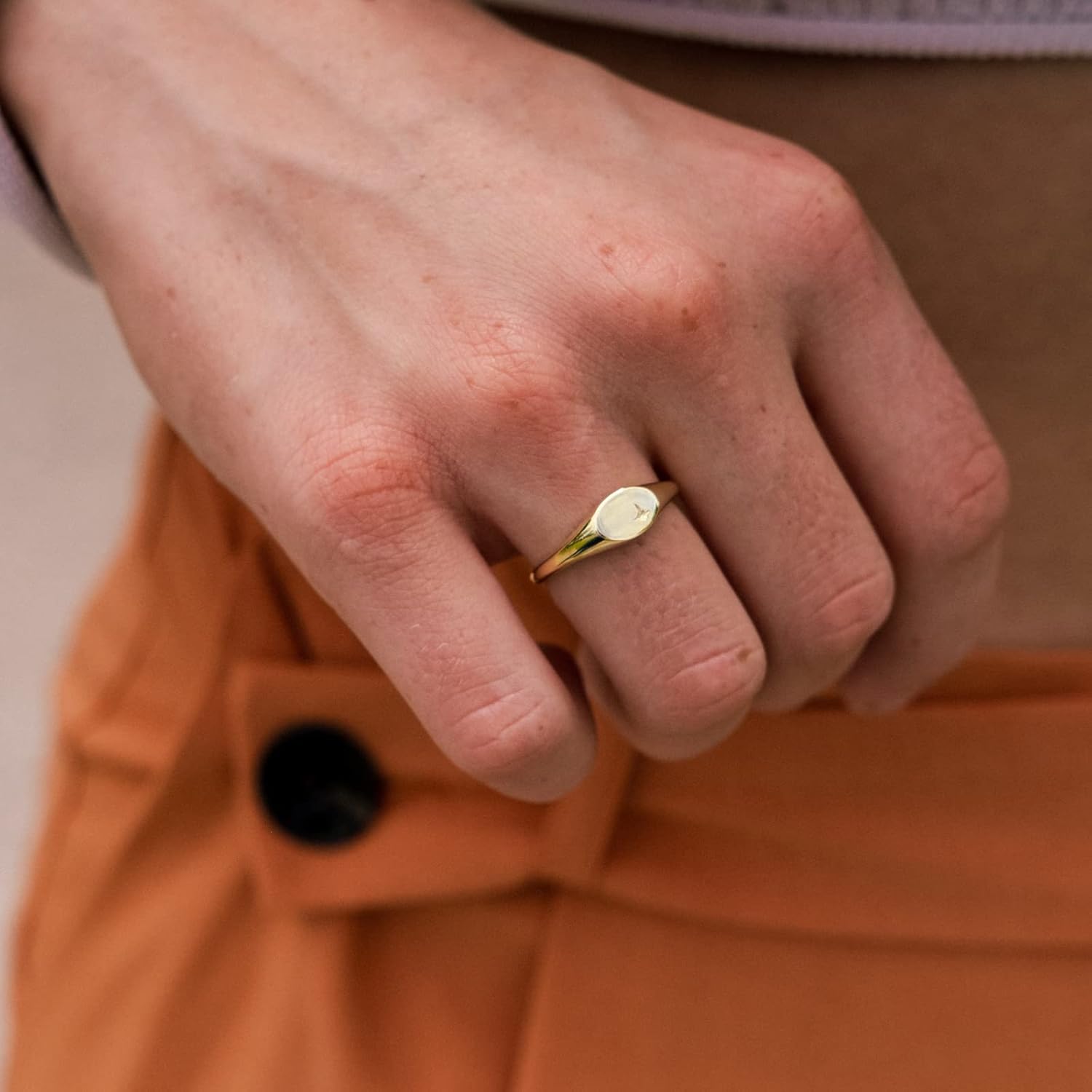 espere 18K Gold Plated Square Signet Pinky Ring Dainty North Star Oval Signet Ring | Lightweight Thick Statement Rings for Women - Image 2