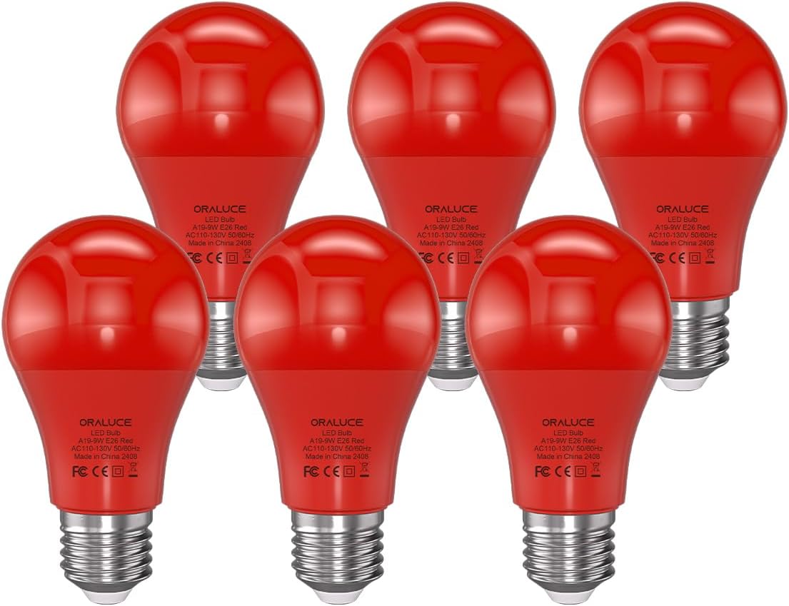 ORALUCE Red Light Bulb Indoor Outdoor, A19 Color Lights Bulb,Colorful E26 LED Bulb 60 Watt Non-Dimmable, for Bedroom, Lamps, Patio, Halloween, Christmas, Party, Holiday, 6 Pack