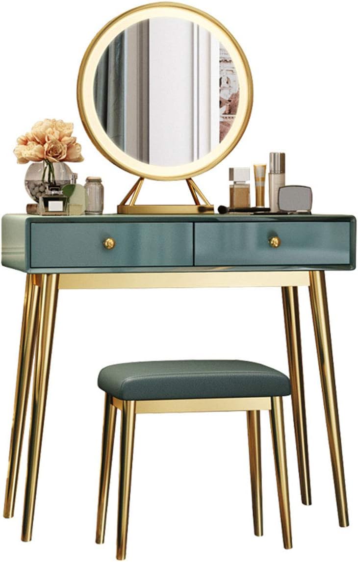 Dressing Table with Cushioned Stool LED Lights Mirror and with 2 Drawers Make-Up Organizer Bedroom Desk Vanity Dresser Table Set Adjustable Brightness Mirror 100CM
