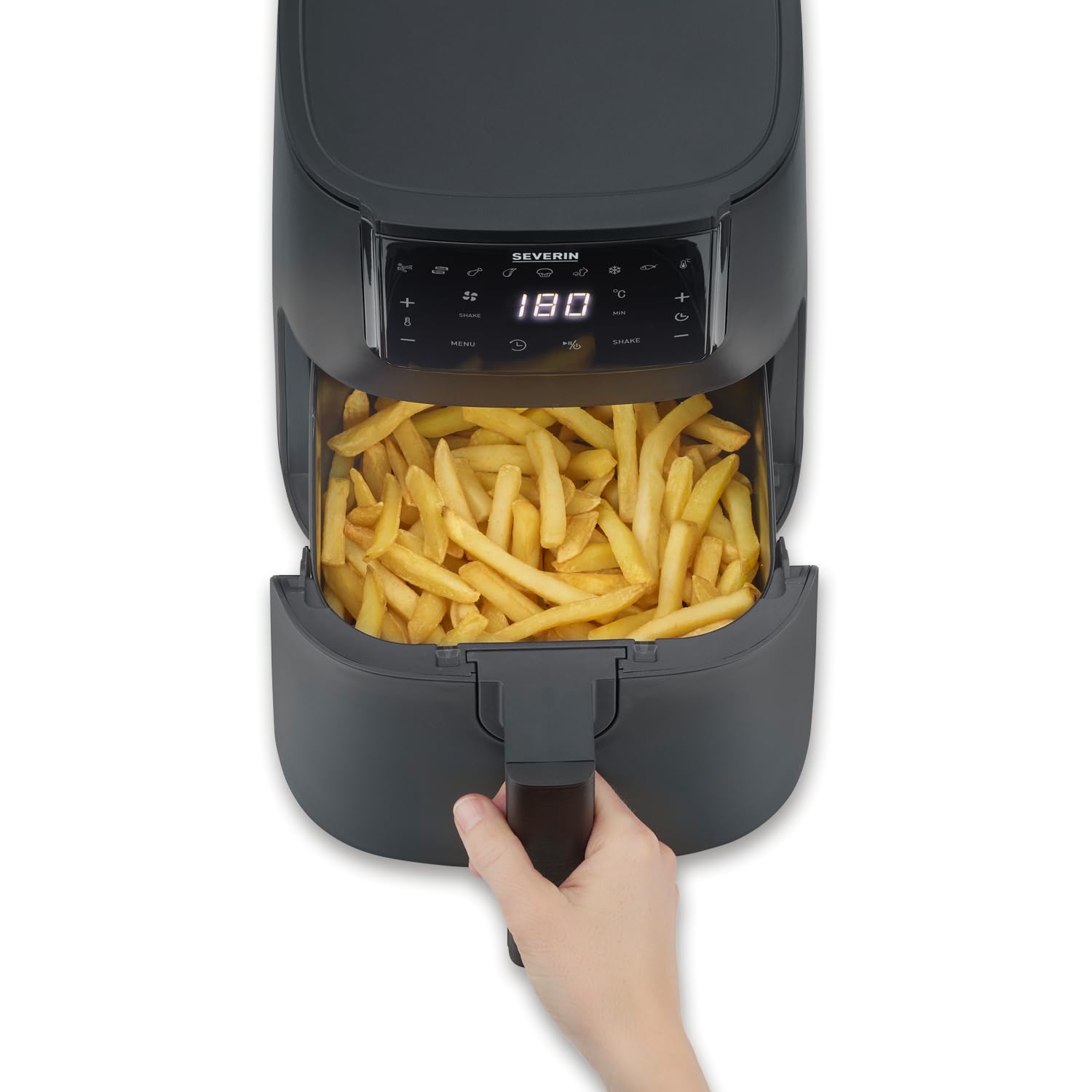 SEVERIN Freidora de aire FryLight Single, cocinado versátil, pantalla táctil, 8 programas automáticos, función de conservación del calor, 4L, revestimiento antiadherente, 1300W, negro, FR 2461